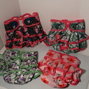 Set Of 4 Floral and Leaf Print Dog Diapers. Washable.